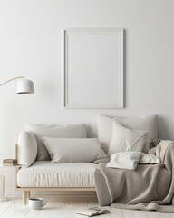 A minimalist living room interior with a white sofa. throw pillows. blanket. and a floor lamp A white frame mockup hangs on the wall