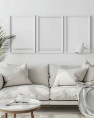 A white sofa with three blank frames above it in a living room setting The room is decorated with a white lamp and a white coffee table There is a blanket and a book on the sofa