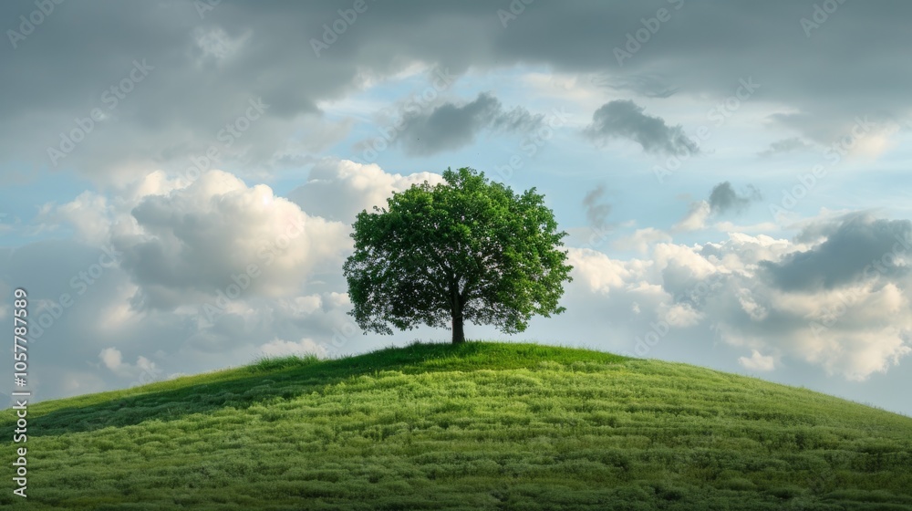 Aufkleber single tree on lush hill with dramatic clouds in the background and room for text