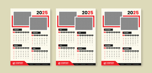 Modern abstract vertical 3 pages wall calendar template for 2025 with accurate date format and two cover photo placeholder