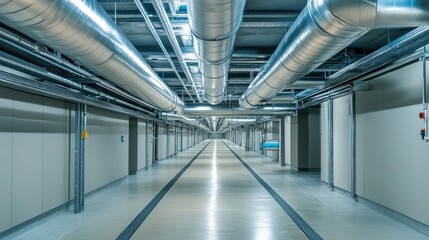 Obraz premium An industrial corridor with many large pipes overhead, lit with fluorescent lighting.