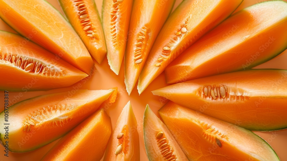 Poster Sliced cantaloupe pieces arranged in a radial pattern, with a minimalist background