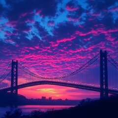 Fototapeta premium Silhouetted Suspension Bridge Framed Against Vibrant Sunset Sky Creating Stunning View picture