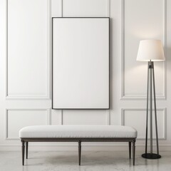 A modern white bench sits in front of a large framed picture with a floor lamp beside it The room has white walls with decorative molding