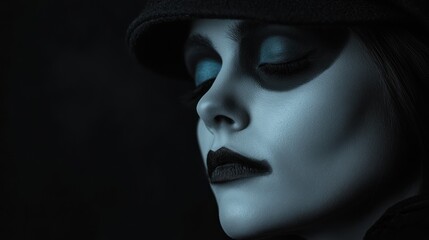 Close-up portrait of a woman with dark makeup and a hat, eyes closed.