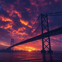 Fototapeta premium Suspension Bridge Silhouette Set Against Vibrant Sunset Sky Capturing Scenic View picture