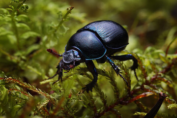 Macro shot of forest dung beetle (Anoplotrupes stercorosus) on moss