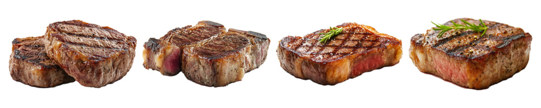 Set, collection of Medium-rare cooked meat steak isolated on transparent background.