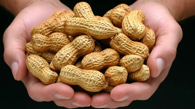 A handful of peanuts are held in a person's hands