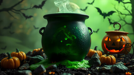 Halloween background with bubbling cauldron of green potion. Generative AI