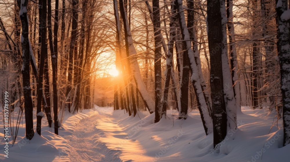 Poster snowy trees in winter sunset with soft light and long shadows