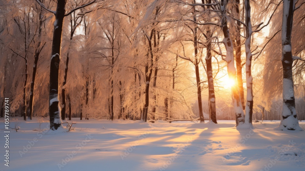 Poster snowy trees in winter sunset with soft light and long shadows