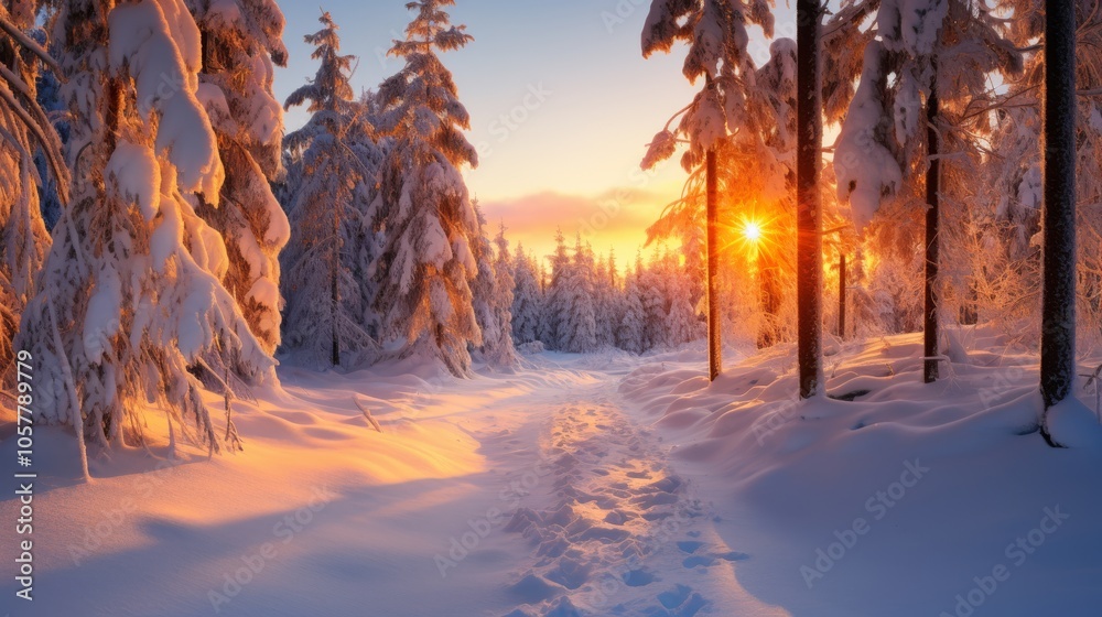 Poster snowy trees in winter sunset with soft light and long shadows