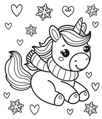 Cute unicorn coloring book, Simple elements, heart,  snowflakes. coloring pages, unicorn in a scarf