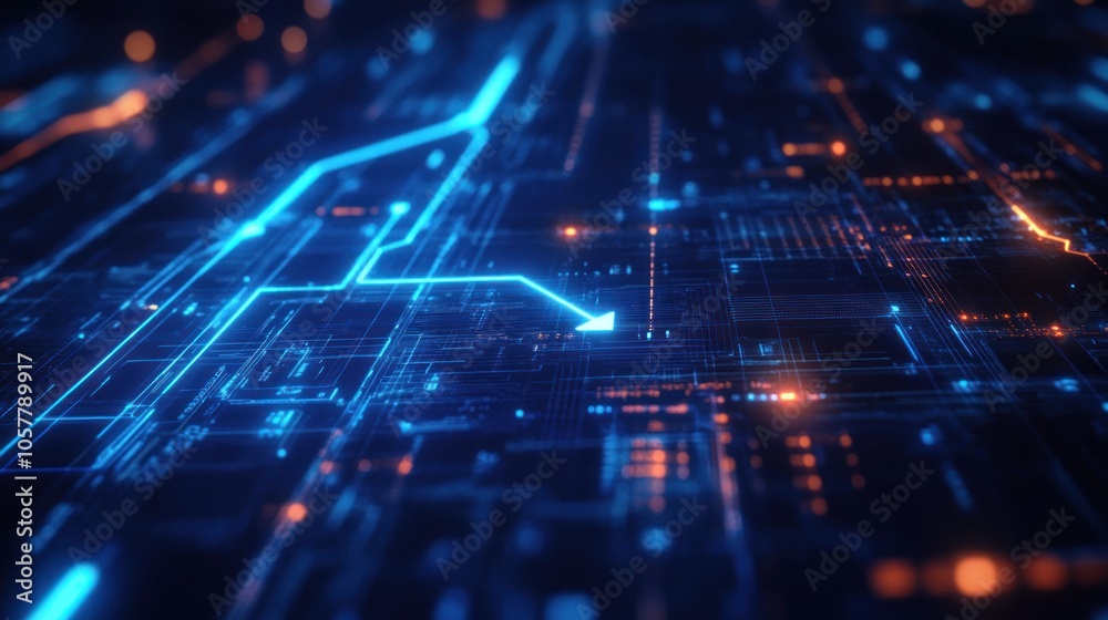 Poster abstract futuristic digital circuit board with glowing lines and arrows.