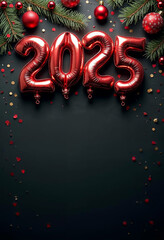 Concept photo of Happy New Year 2025 with red balloons on dark background with space for text