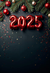 Concept photo of Happy New Year 2025 with red balloons on dark background with space for text