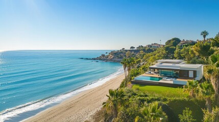 Modern villa perched on a cliff overlooking a secluded beach with turquoise water and palm trees.