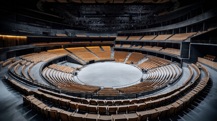 Interior of a large, modern circular auditorium with rows of empty wooden seats surrounding a central stage area.