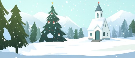 Fototapeta premium Winter Wonderland: A Cozy Church in the Snowy Landscape