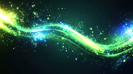Abstract glowing green and blue wave with sparkling particles on a black background.