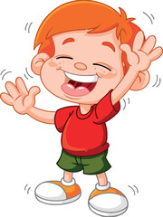 Obraz premium Happy cartoon boy waving and laughing with red hair and freckles