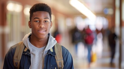 Fototapeta premium Student walking down high school hallway with a confident expression