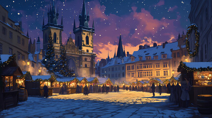 Fototapeta premium Prague's old town square adorned with festive lights and a christmas market during twilight in winter. Medieval Artisan Market. Illustration