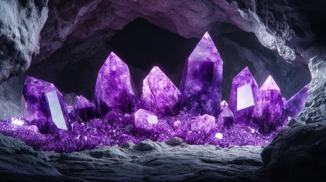 A cluster of amethyst crystals shine in the dark of a cave.