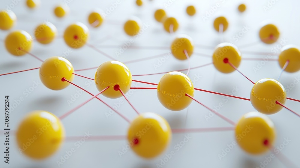 Poster abstract network of connected yellow spheres with red lines on a white background.