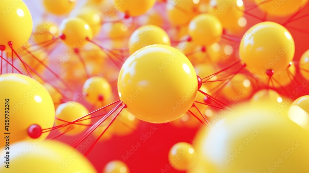 Poster abstract background with connected yellow spheres on red background.
