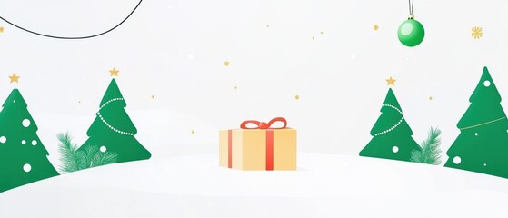 Festive Winter Landscape with Gift Box and Christmas Trees
