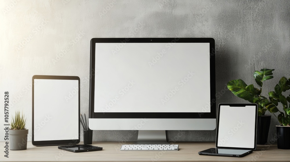 Aufkleber tech setup featuring monitor laptop tablet smartphone against minimalist backdrop