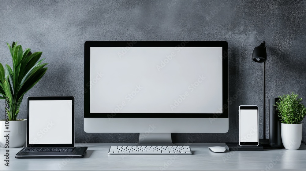 Aufkleber tech setup featuring monitor laptop tablet smartphone against minimalist backdrop
