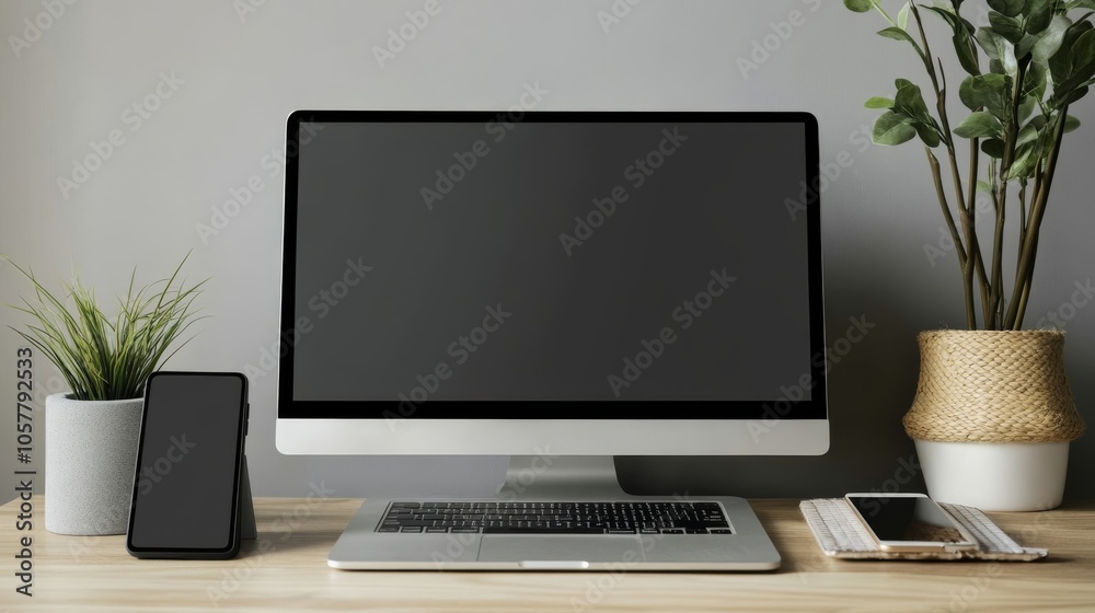 Aufkleber tech setup featuring monitor laptop tablet smartphone against minimalist backdrop