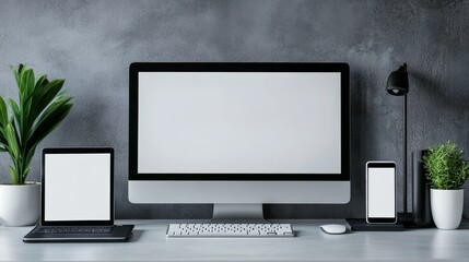 Fototapeta premium Tech setup featuring monitor laptop tablet smartphone against minimalist backdrop