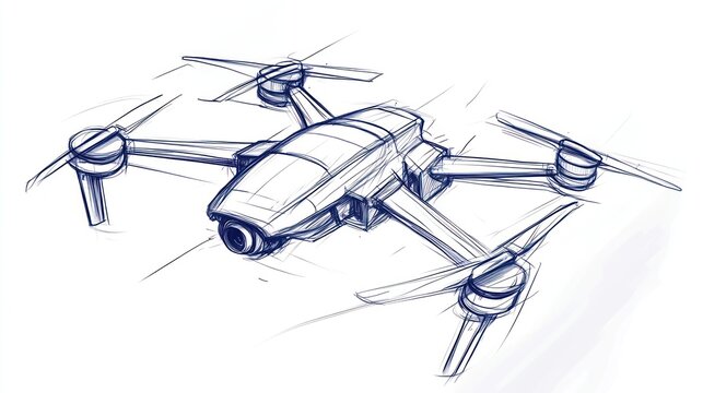 A hand-drawn sketch of a drone with four propellers and a camera in the front.