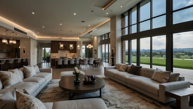 A stunning living room d&eacute;cor in a brand-new, opulent house with an open floor plan. displays the dining area, kitchen, and window wall with a stunning view outside.