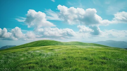 Fototapeta premium The mountaintop's green grassland stretches under a sky painted with light, airy clouds, providing a tranquil and expansive visual effect.