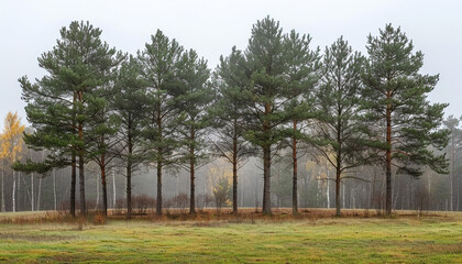 Obraz premium Tall Pine Trees with Mist and Earthy Green Blank Space