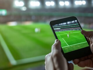 Spectator watching live soccer match on mobile phone in stadium