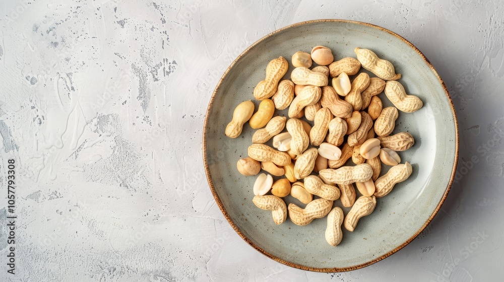 Poster top view of a simple plate filled with shelled peanuts, with the clean background providing a stark 