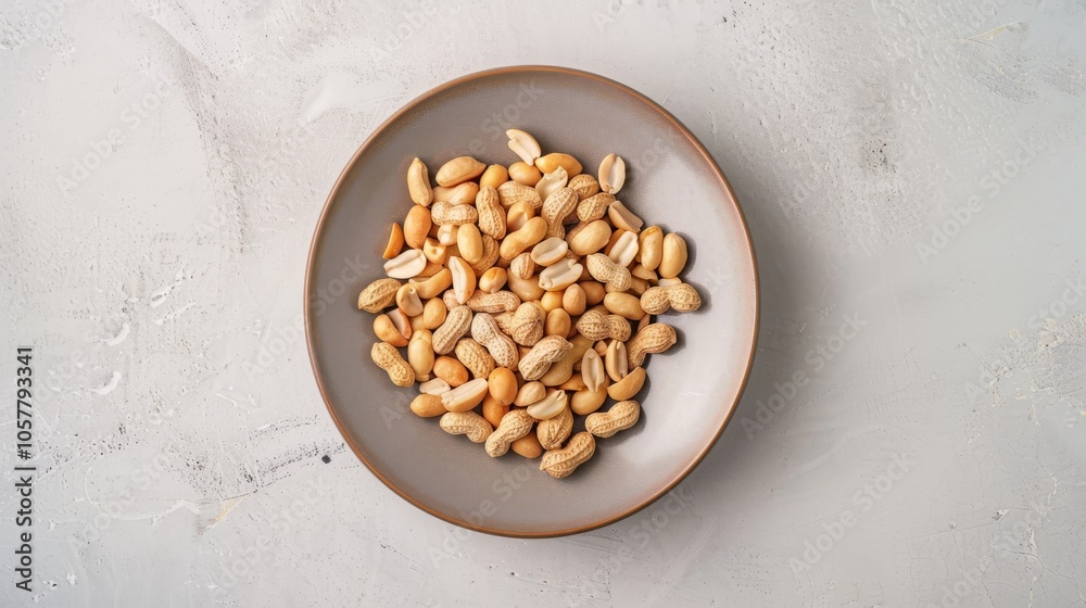 Poster top view of a simple plate filled with shelled peanuts, with the clean background providing a stark 