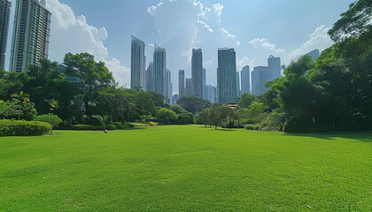 Fototapeta premium Modern Urban Park with Skyscrapers in the Background
