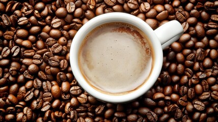 Obraz premium White coffee cup is sitting on top of a pile of coffee beans