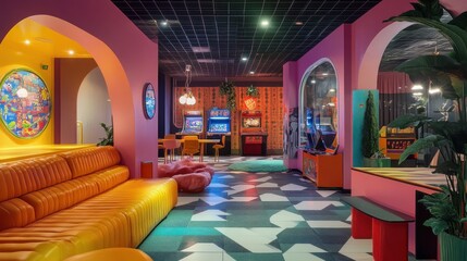 A retro-style arcade with bright colors and neon lights, featuring arcade games, a lounge area with a yellow couch, and geometric patterned floors.