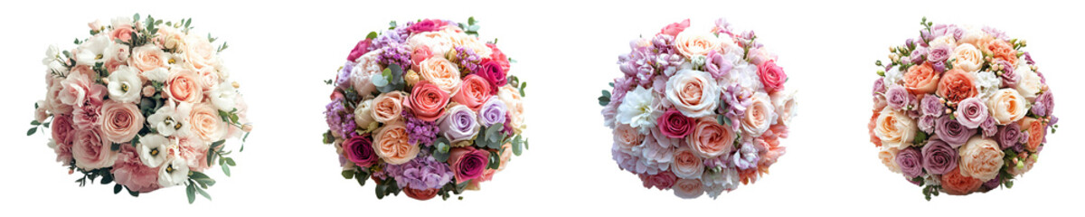 Set, collection of Opulent wedding bouquet with diverse blossoms isolated on transparent background.
