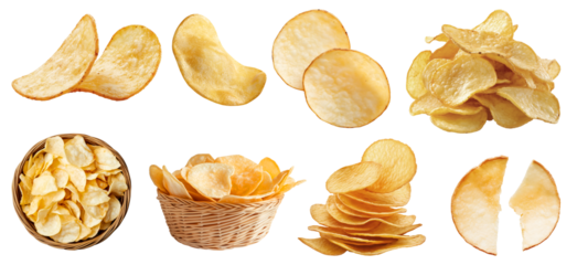 Potato chip chips, many angles and view side top front heap broken pile basket stack on transparent background cutout, PNG file. Mockup template for artwork design