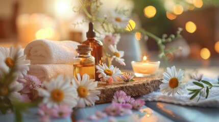 Obraz premium Tranquil spa display with aromatic oils and flowers