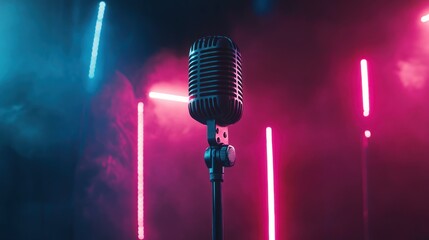 Obraz premium A vintage microphone stands in front of pink and blue neon lights, creating a vibrant and modern aesthetic.